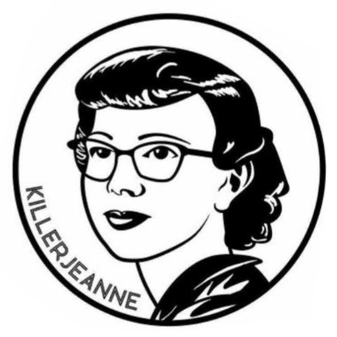 KillerJeanne logo - black circle with vintage black and white drawing of woman in glasses
